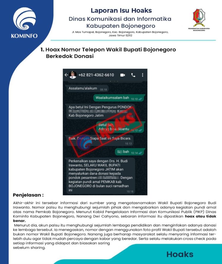 Soal Informasi Mengatasnamakan Wakil Bupati Bojonegoro, Dinas Kominfo: Itu Hoaks