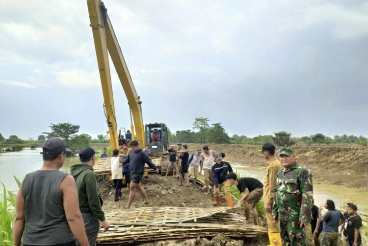 Tim Gabungan Dinas PUTR Gresik, BPBD, Bersama Warga Gercep Lakukan Penanganan Tanggul Jebol